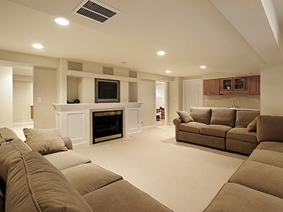 Living room in a remodeled basement