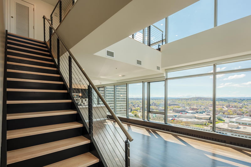 Office building windows and stairwaybasement