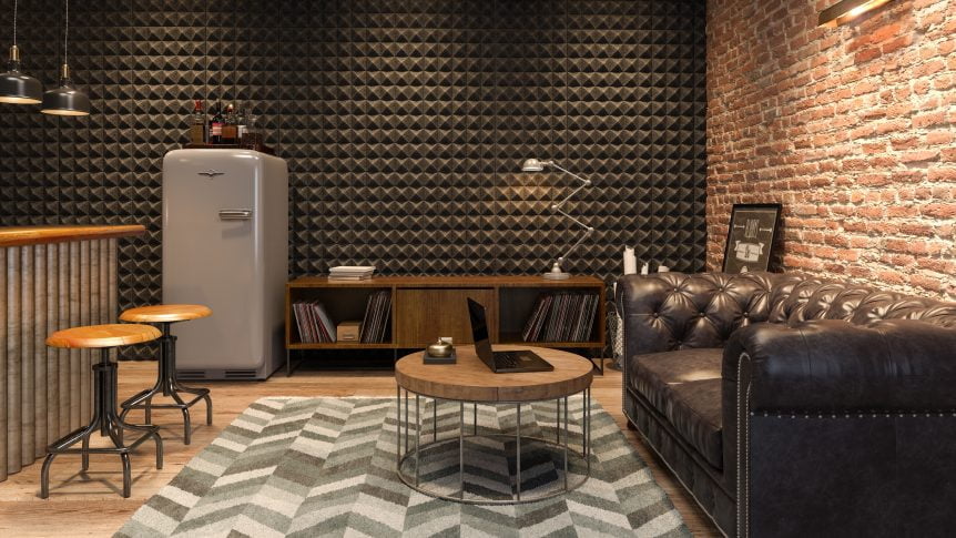 modern basement with bar and couch