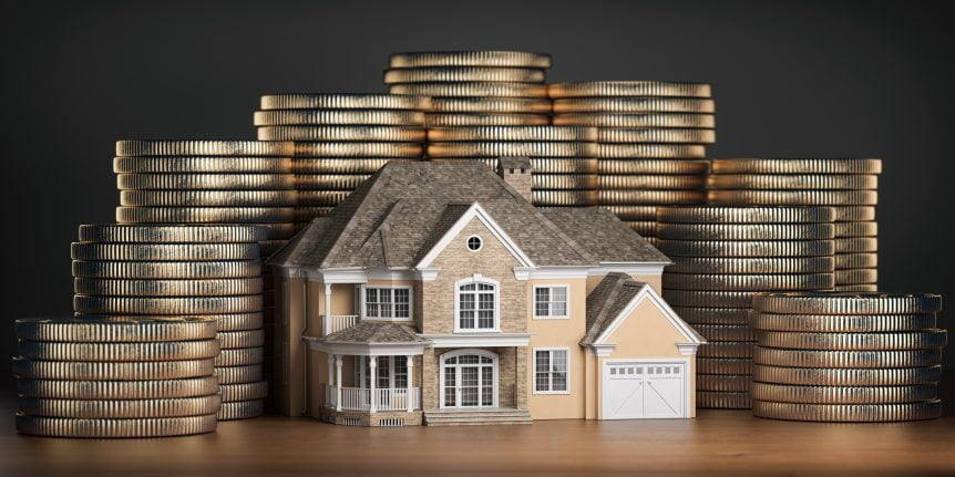 House surrounded by piles of coins