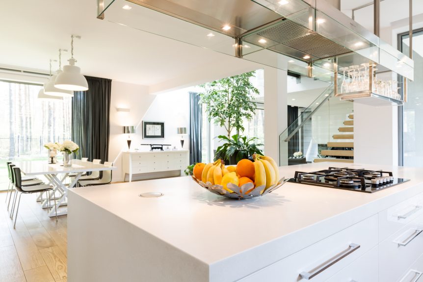 Well-lit open plan kitchen